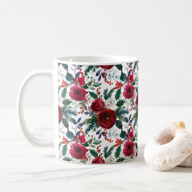 Wasserfarben Burgund Winter Blume Weihnachten Kaffeetasse (Mit Donut)