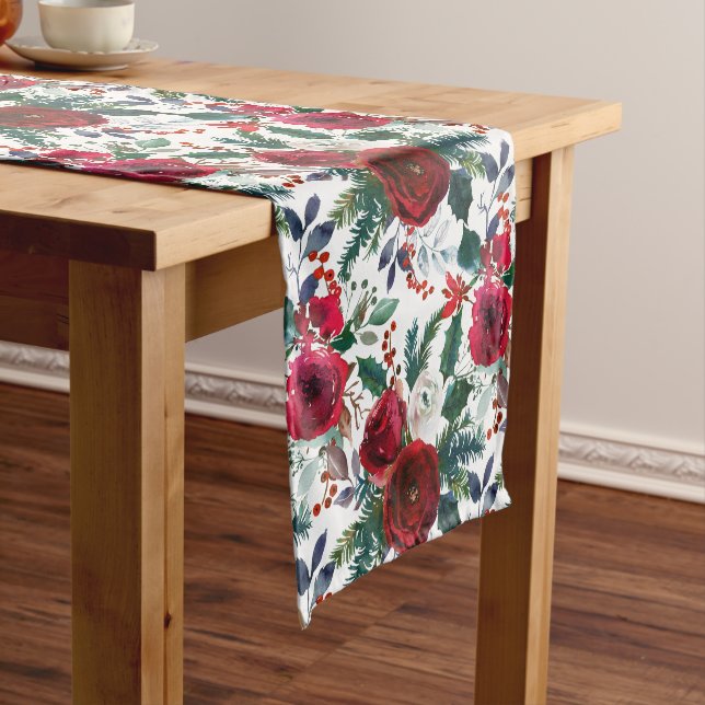 Wasserfarben Burgund Winter Blume Weihnachten Kurzer Tischläufer (Beispiel)