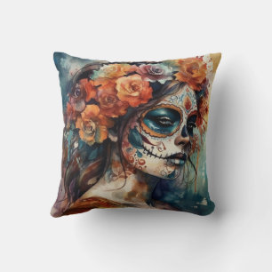 Wasserfarben-Catrina Dia de los Muertos Zucker-Sch Kissen