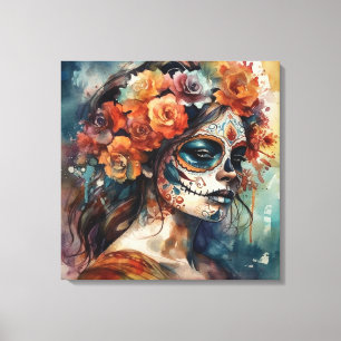Wasserfarben-Catrina Dia de los Muertos Zucker-Sch Leinwanddruck