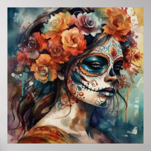 Wasserfarben-Catrina Dia de los Muertos Zucker-Sch Poster