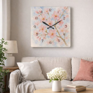 Wasserfarben Cherry Blossom Weichflorale Kunst Quadratische Wanduhr