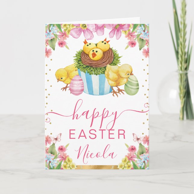 Wasserfarben Chicks Kuchen Frühling glücklich Oste Karte (Vorderseite)