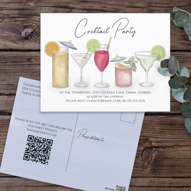 Wasserfarben-Cocktail-Drinks-QR-Code-Party-Website Postkarte (Von Creator hochgeladen)