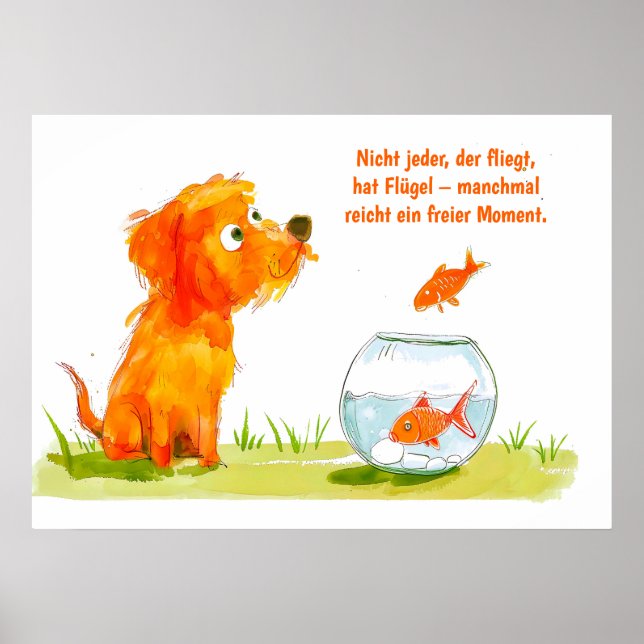 Wasserfarben-Comic Hund und Goldfischschüssel Poster (Vorne)