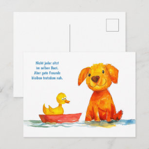 Wasserfarben Comic Hund Watching Duck in Boat Feiertagspostkarte