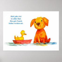 Wasserfarben Comic Hund Watching Duck in Boat Poster