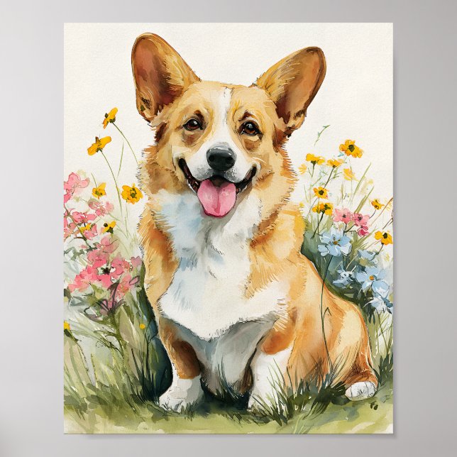 Wasserfarben-Corgi in Wildblumen Poster - Niedlich (Vorne)