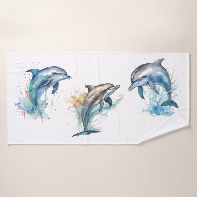 Wasserfarben-Delfin-Trio Badhandtuch Set (Badehandtuch)