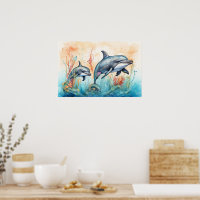 Wasserfarben-Delfine-Kunstposter