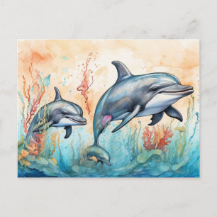 Wasserfarben-Delfine-Kunstposter Postkarte