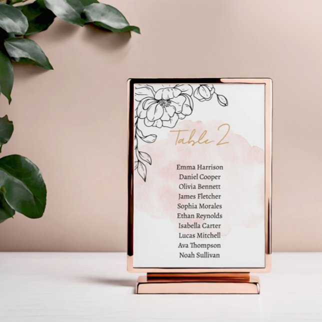 Wasserfarben-Design mit Schwarzer Flora Elegant Tischnummer (Blush Watercolor Design with Black Floral Elegance Table Number)