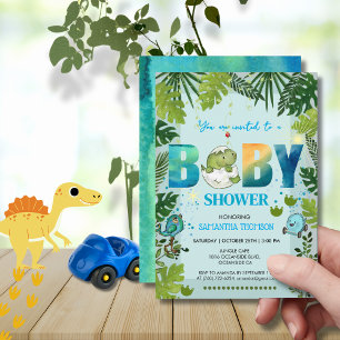 Wasserfarben-Dino & Tropical-Blätter Kinderdusche Einladung