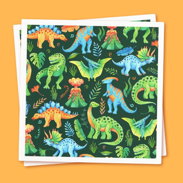 Wasserfarben Dinosaurier T rex Boys Birthday Party Serviette (Watercolor Dinosaurs Boys Birthday on Dark Green Napkins)