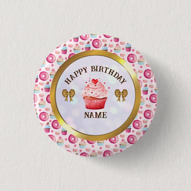 Wasserfarben Donut und Cupcake Happy Birthday Part Button (Vorderseite)