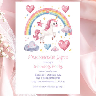 Wasserfarben-Einhorn-und-Regenbogen-Geburtstagsfei Einladung