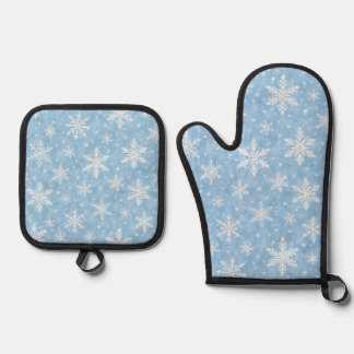 Wasserfarben-Eisblau-Schneeflockenmuster Ofenhandschuh & Topflappen-Set