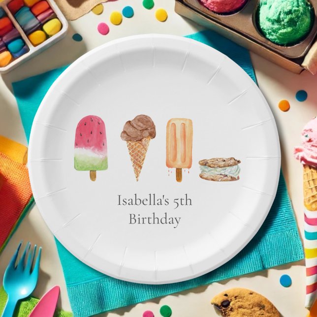 Wasserfarben-Eiscreme- und Popsicles-Geburtstagsfe Pappteller (Von Creator hochgeladen)