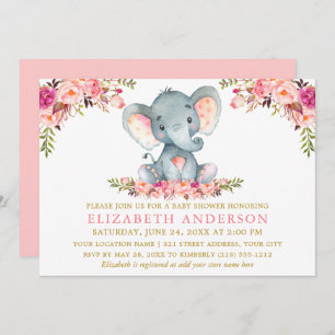 Wasserfarben Elephant Pink Floral Gold Baby Dusche Einladung