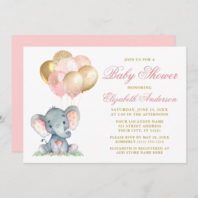 Wasserfarben Elephant Pink Gold Balloons Babydusch Einladung (Vorne/Hinten)