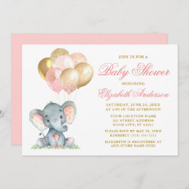 Wasserfarben Elephant Pink Gold Balloons Babydusch Einladung