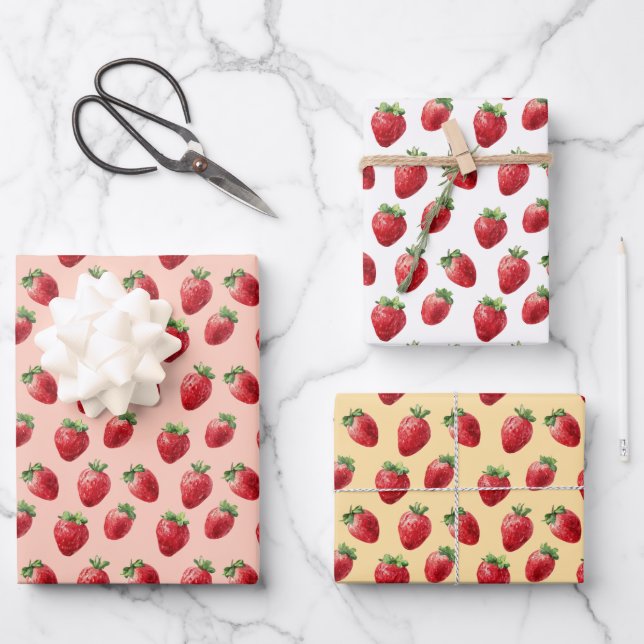Wasserfarben Erdbeeren Fruchtmuster Geschenkpapier Set (Vorderseite)