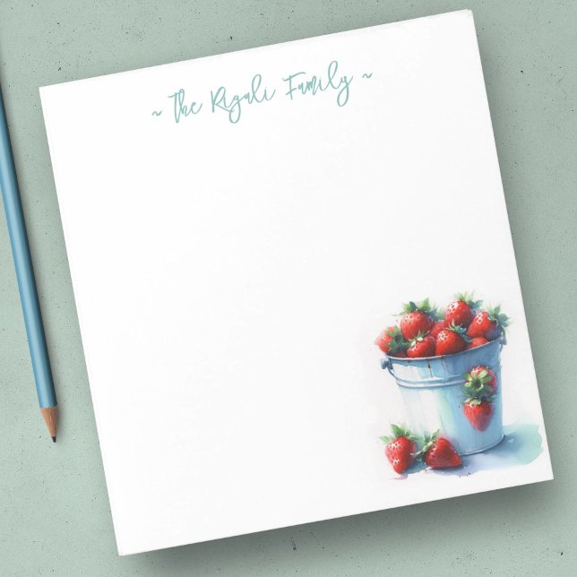 Wasserfarben Erdbeeren Personalisiert Stationierun Notizblock (Strawberry notepads feature watercolor tin pint of strawberries farmhouse retro theme)
