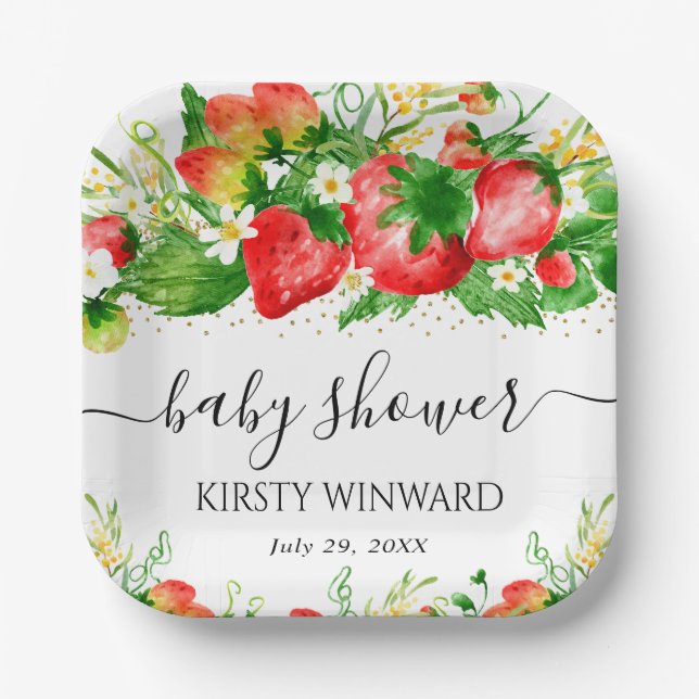 Wasserfarben Erdbeeren und Blume Kinderdusche Pappteller (Vorderseite)