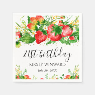 Wasserfarben-Erdbeeren und Blumen Geburtstag Serviette