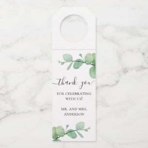 Wasserfarben-Eukalyptus. Elegante Hochzeit danke Flaschenanhänger