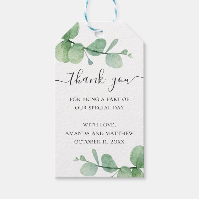 Wasserfarben-Eukalyptus. Elegante Hochzeit danke Geschenkanhänger (Vorderseite)