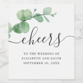 Wasserfarben-Eukalyptus. Hochzeit mit eleganten Sc Weinetikett