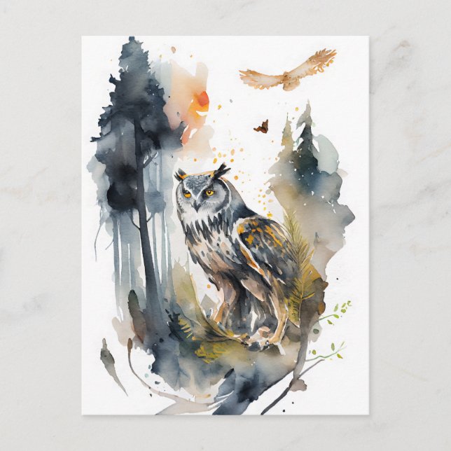 Wasserfarben-Eule im Wald Postkarte (Vorderseite)