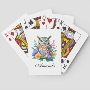 Wasserfarben-Eule und farbenfrohe Blume Spielkarten