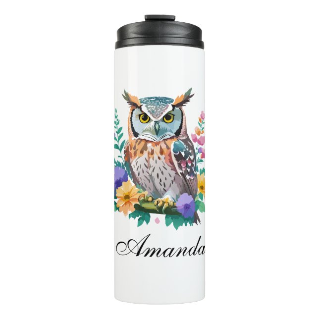 Wasserfarben-Eule und farbenfrohe Blume Thermosbecher (Vorderseite)