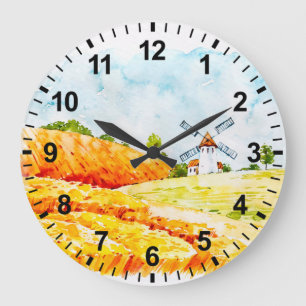 Wasserfarben-Farm-Windmühlen-Wanduhr Große Wanduhr