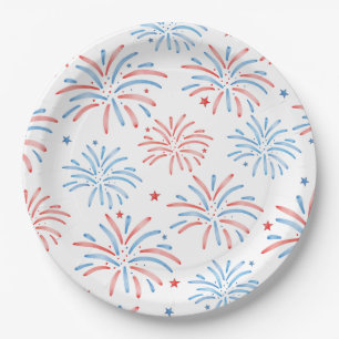 Wasserfarben-Feuerwerk-Vierte-Juli-Party Pappteller