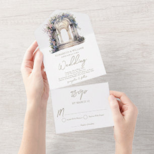 Wasserfarben Florale Hochzeitsarchitektur RSVP All In One Einladung