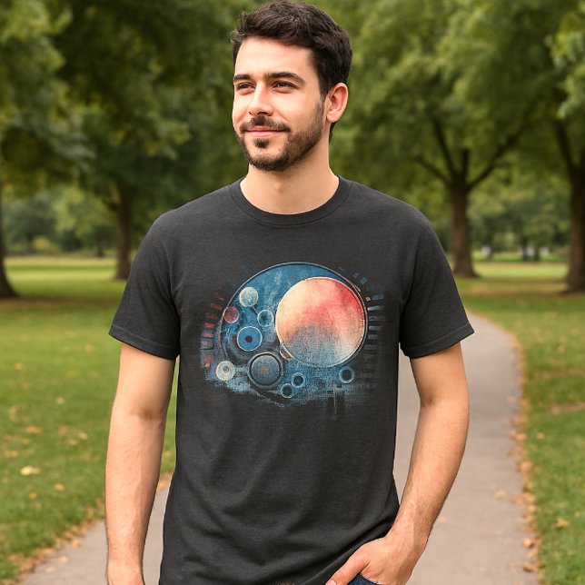 Wasserfarben Galaxy Abstrakte Kunst Grau T-Shirt (Cosmic t-shirt mockup, man in jeans and sneakers, park background, celestial design, casual wear)