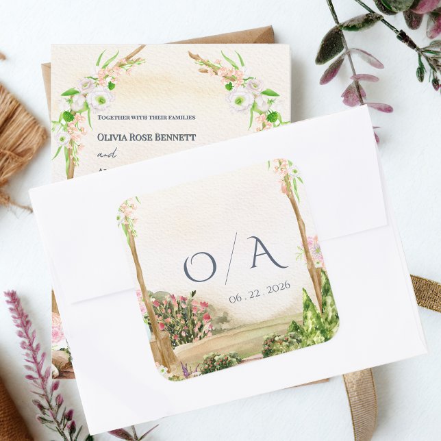 Wasserfarben Gartenbogen Monogramm Hochzeit Quadratischer Aufkleber (Watercolor Garden Arch Monogram Wedding Envelope Seal Sticker Botanical Floral Seal)