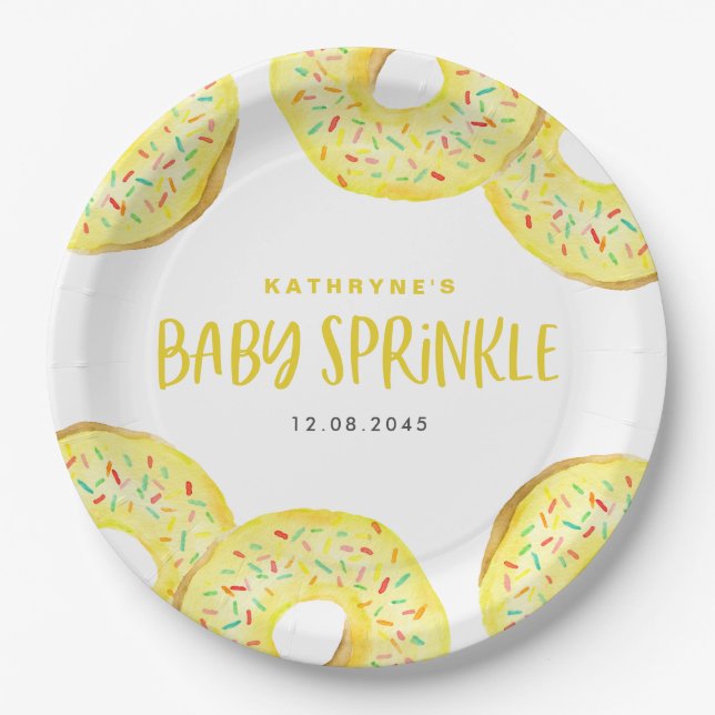 Wasserfarben-Gelb-Sprinkle-Donuts Baby Sprinkle Pappteller (Vorderseite)