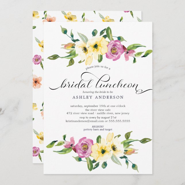 Wasserfarben Gelb und Violett Blumenbräu Einladung (Vorne/Hinten)