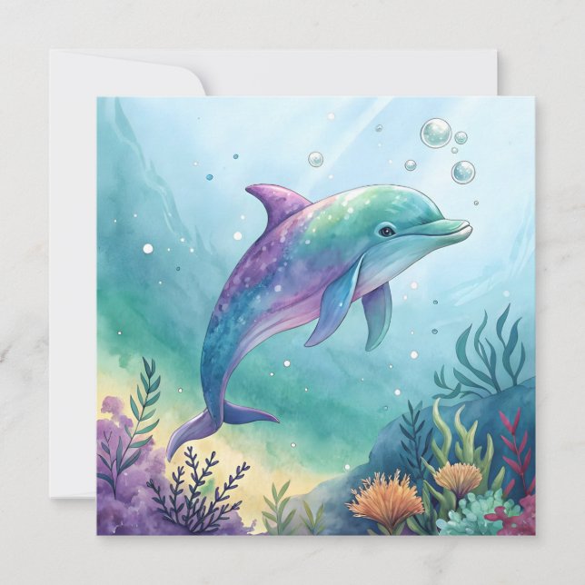 Wasserfarben gemalter Delfin Einladung (Vorderseite)