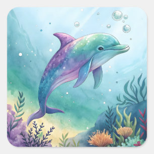 Wasserfarben gemalter Delfin Quadratischer Aufkleber