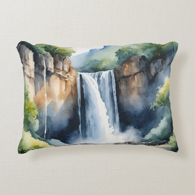 Wasserfarben gemalter Wasserfall Dekokissen (Vorderseite)
