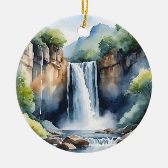 Wasserfarben gemalter Wasserfall Keramik Ornament (Vorne)