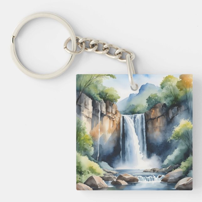 Wasserfarben gemalter Wasserfall Schlüsselanhänger (Vorderseite)