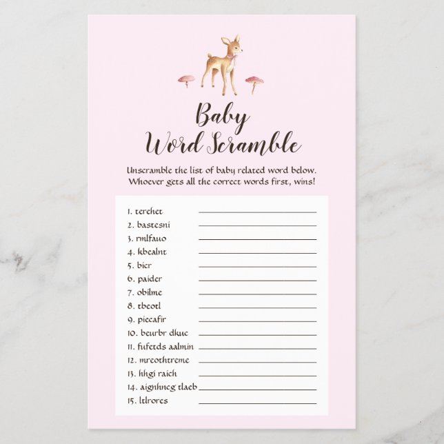 Wasserfarben-Girl Deer Baby Word-Scramble Flyer (Vorne)