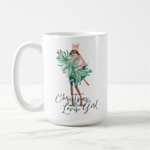 Wasserfarben Girl Holding Evergreen Weihnachtsbaum Kaffeetasse