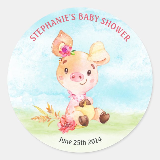 Wasserfarben Girl Piggy Baby Duschfarm Runder Aufkleber (Vorderseite)